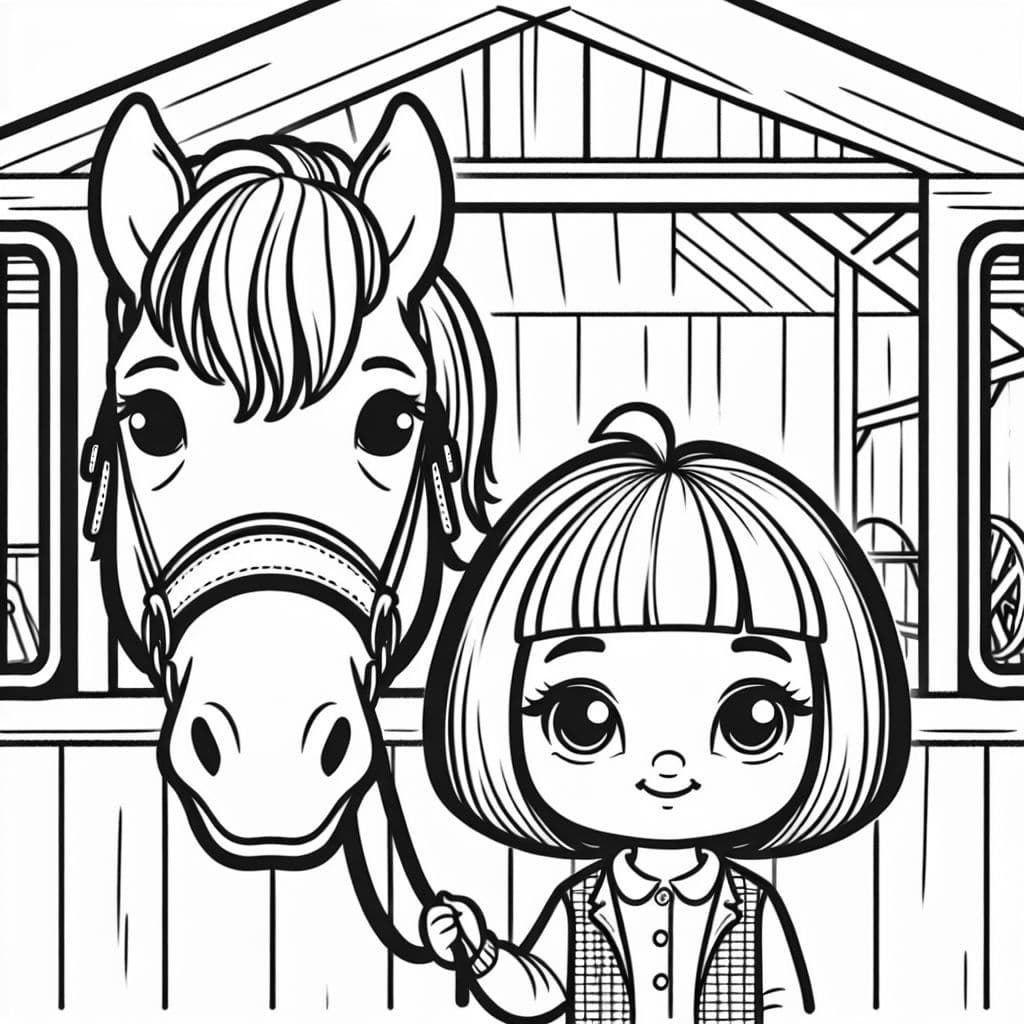 un cheval dans une écurie avec une fille aux cheveux au carré