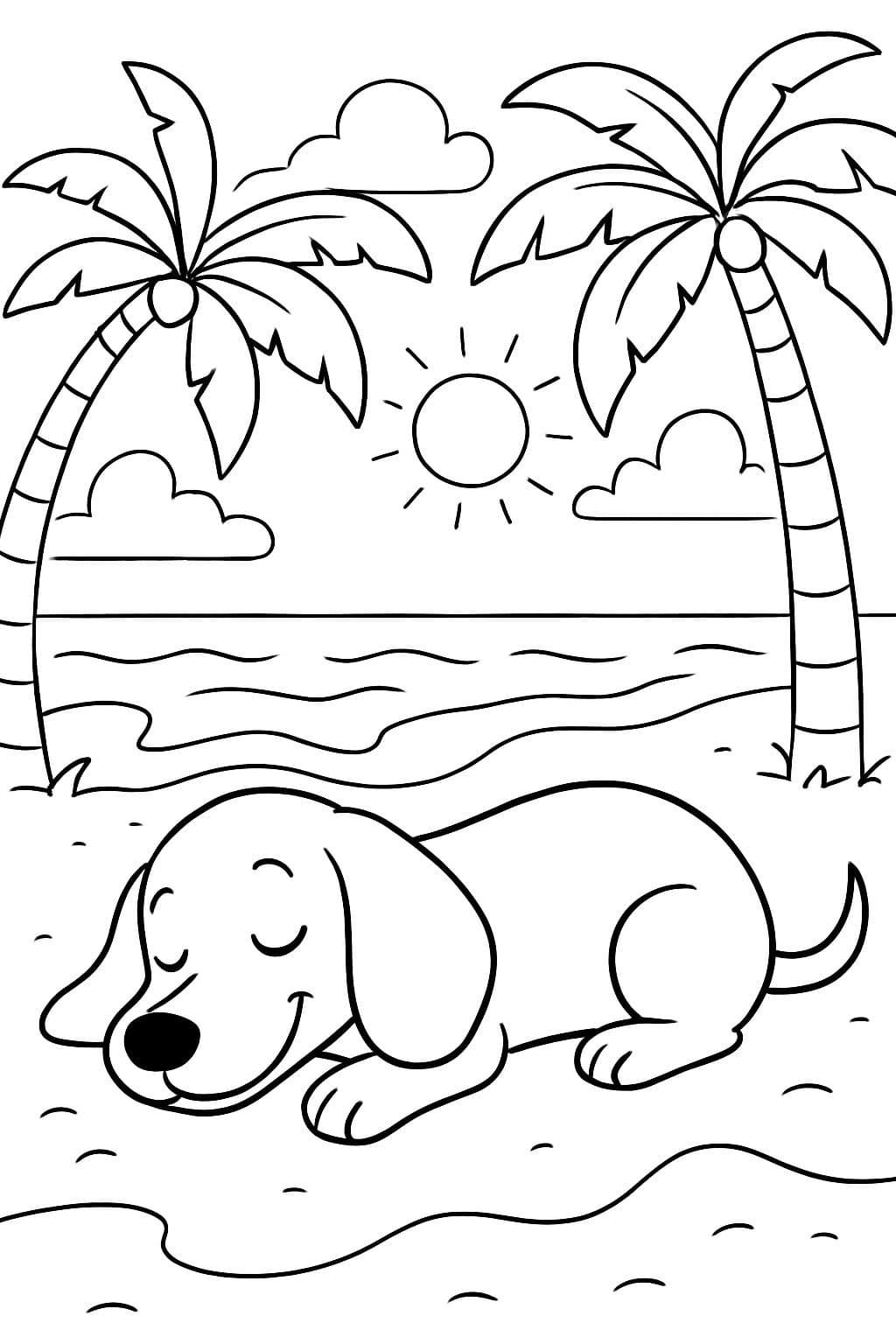 Perro salchicha durmiendo en una playa con palmeras.