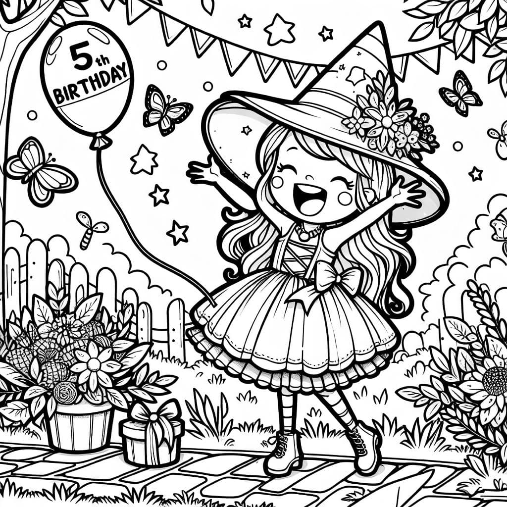 una dulce niña bruja celebrando su 5º cumpleaños en el parque
