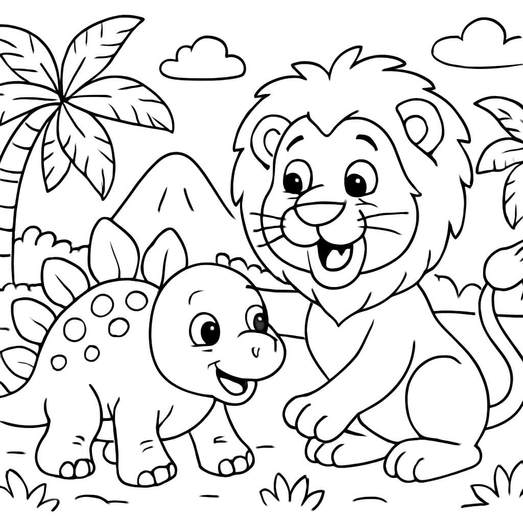 Löwe, der mit einem Baby-Stegosaurus befreundet ist