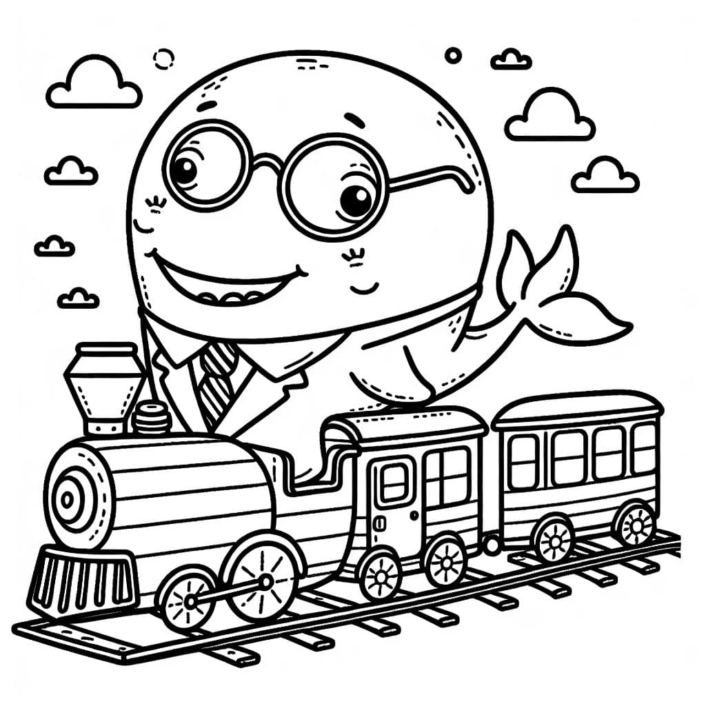 ein Wal mit Brille und Krawatte der im Zug sitzt