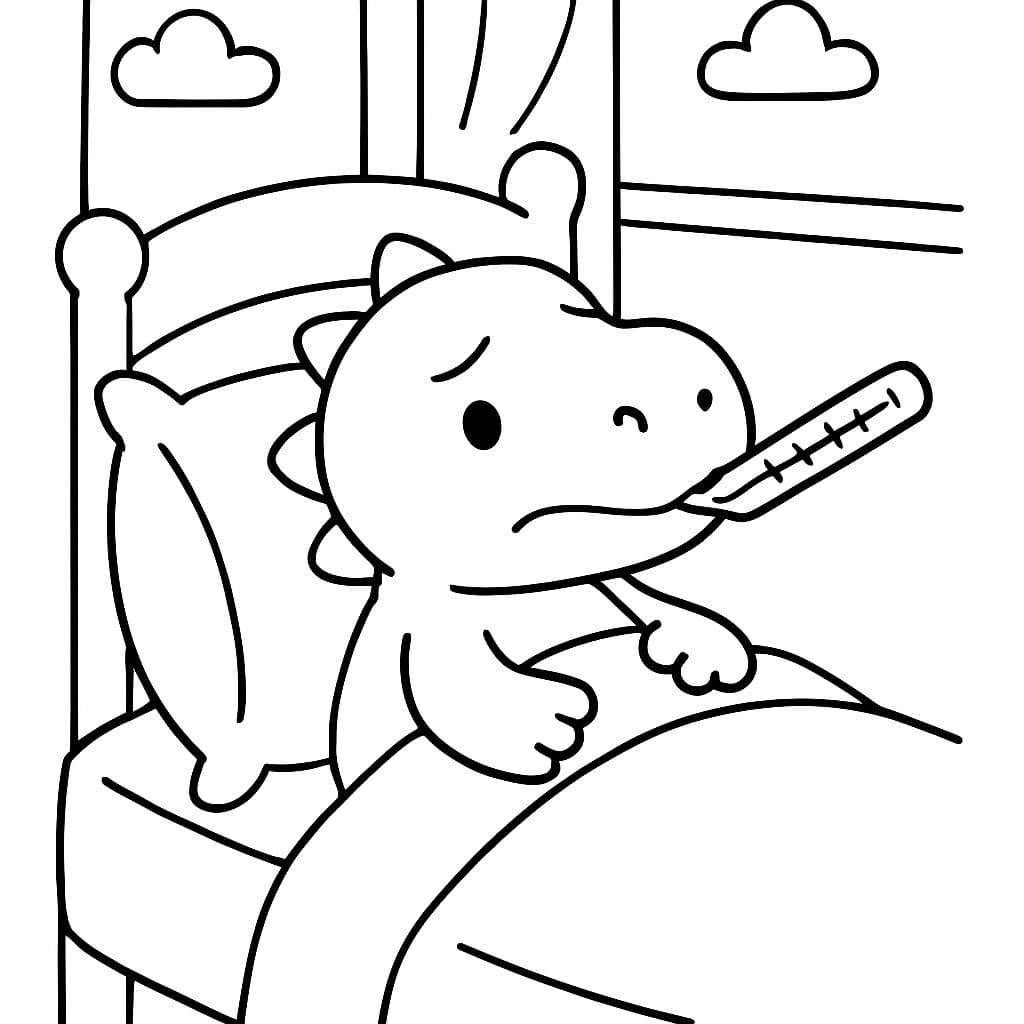 Juguete de felpa T-Rex en la cama con un termómetro