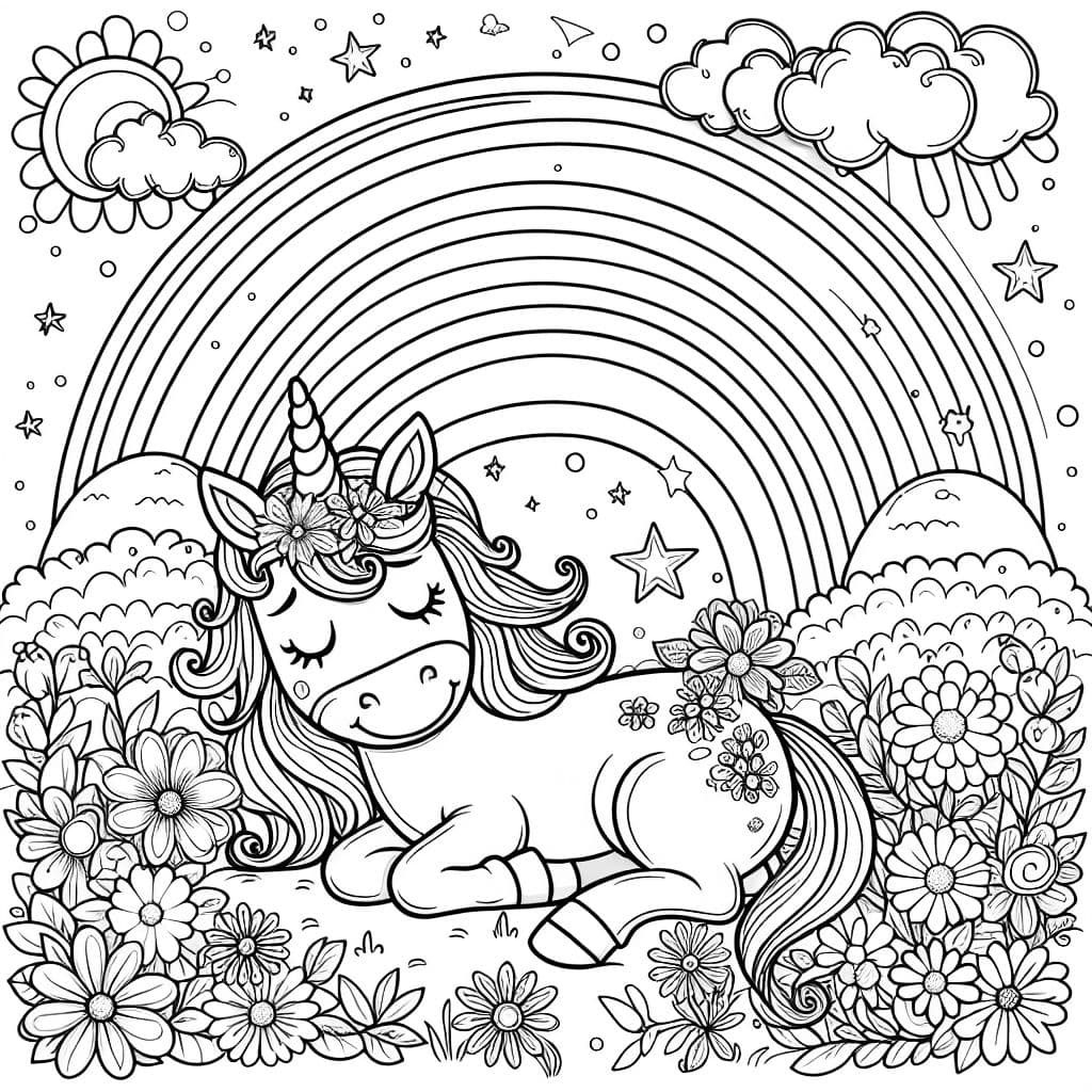 Unicorn under a rainbow with flowers on the ground but no hill