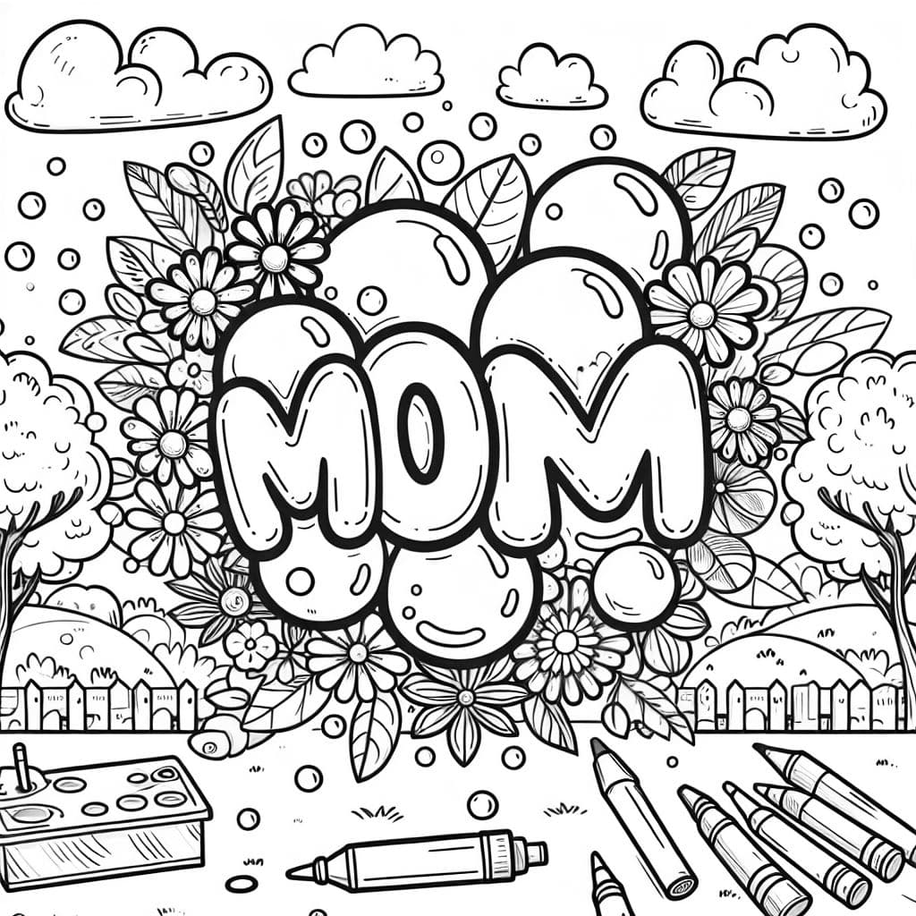 Letras em forma de bolha cercadas por flores feitas à mão que escrevem 'Mamãe'.