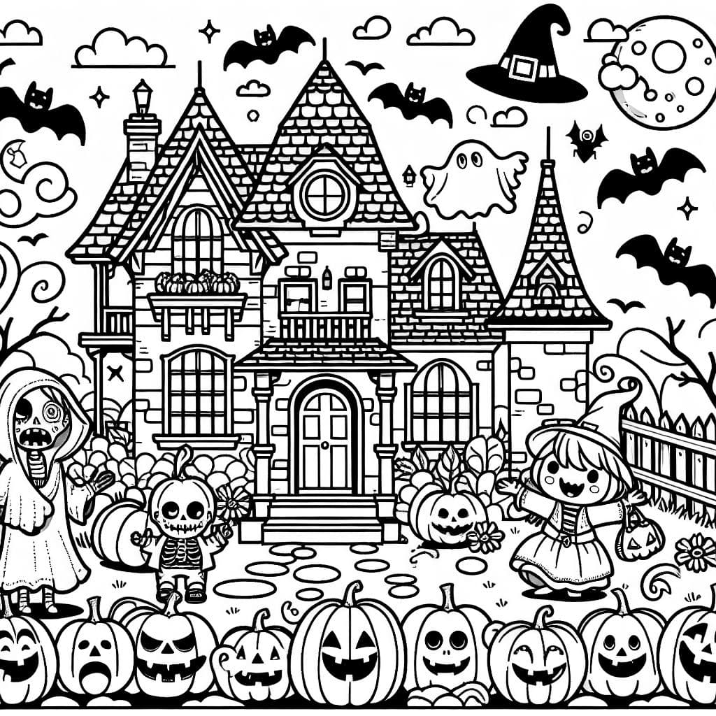 ein Geisterhaus für Halloween mit Kürbissen, Zombies, Hexen, Geistern und Fledermäusen