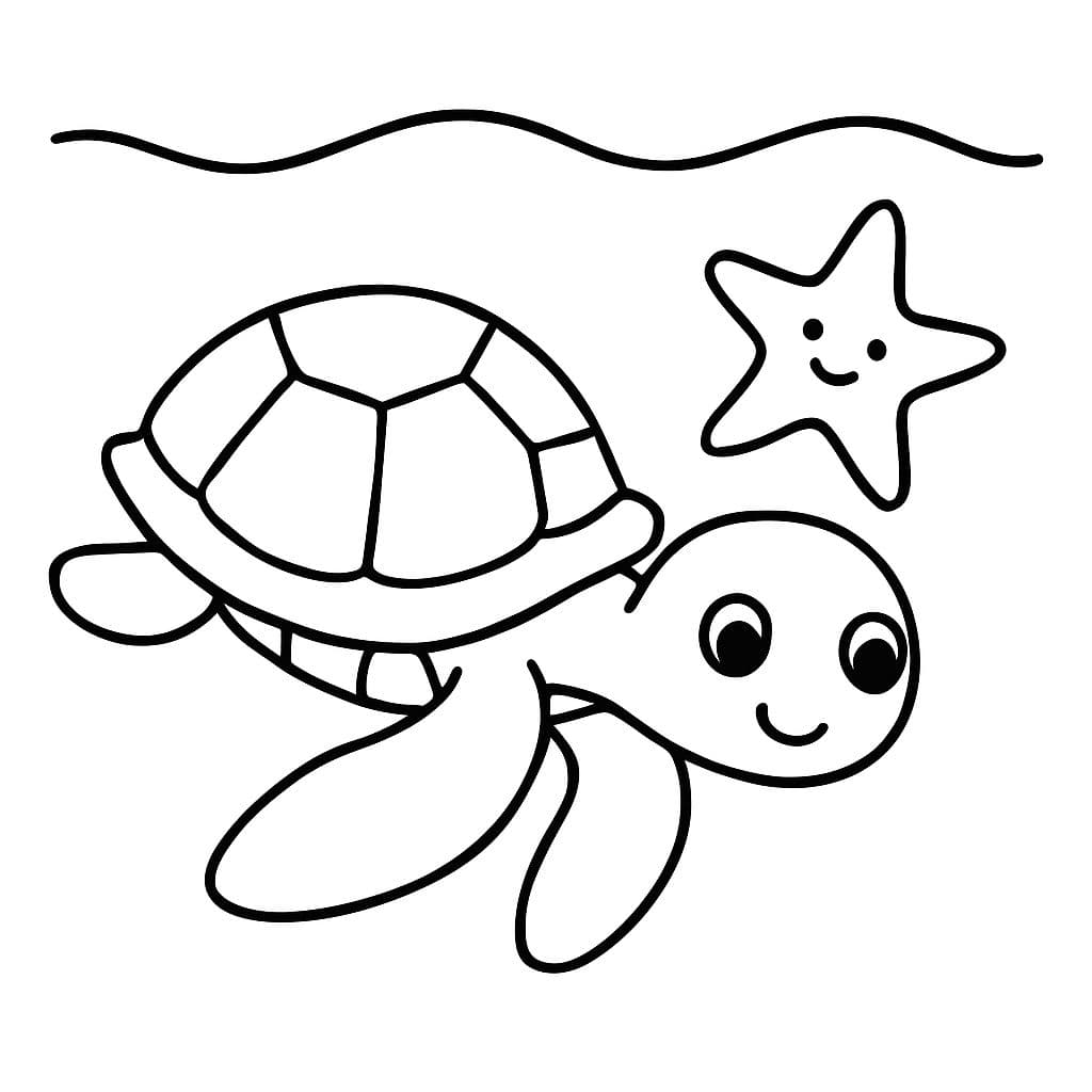 Una tortuga marina nadando con una estrella de mar