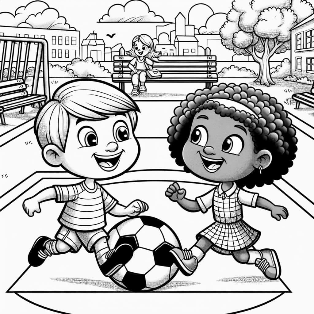 A boy and girl playing soccer in the schoolyard