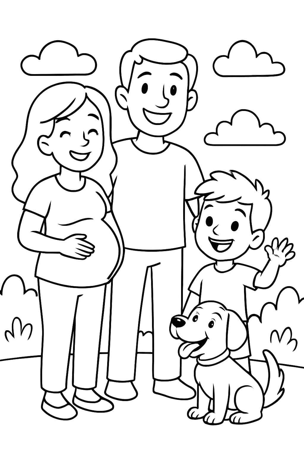 Imagem de bonecos finos: mãe grávida, pai, filho de 6 anos e cachorro Cimarron.