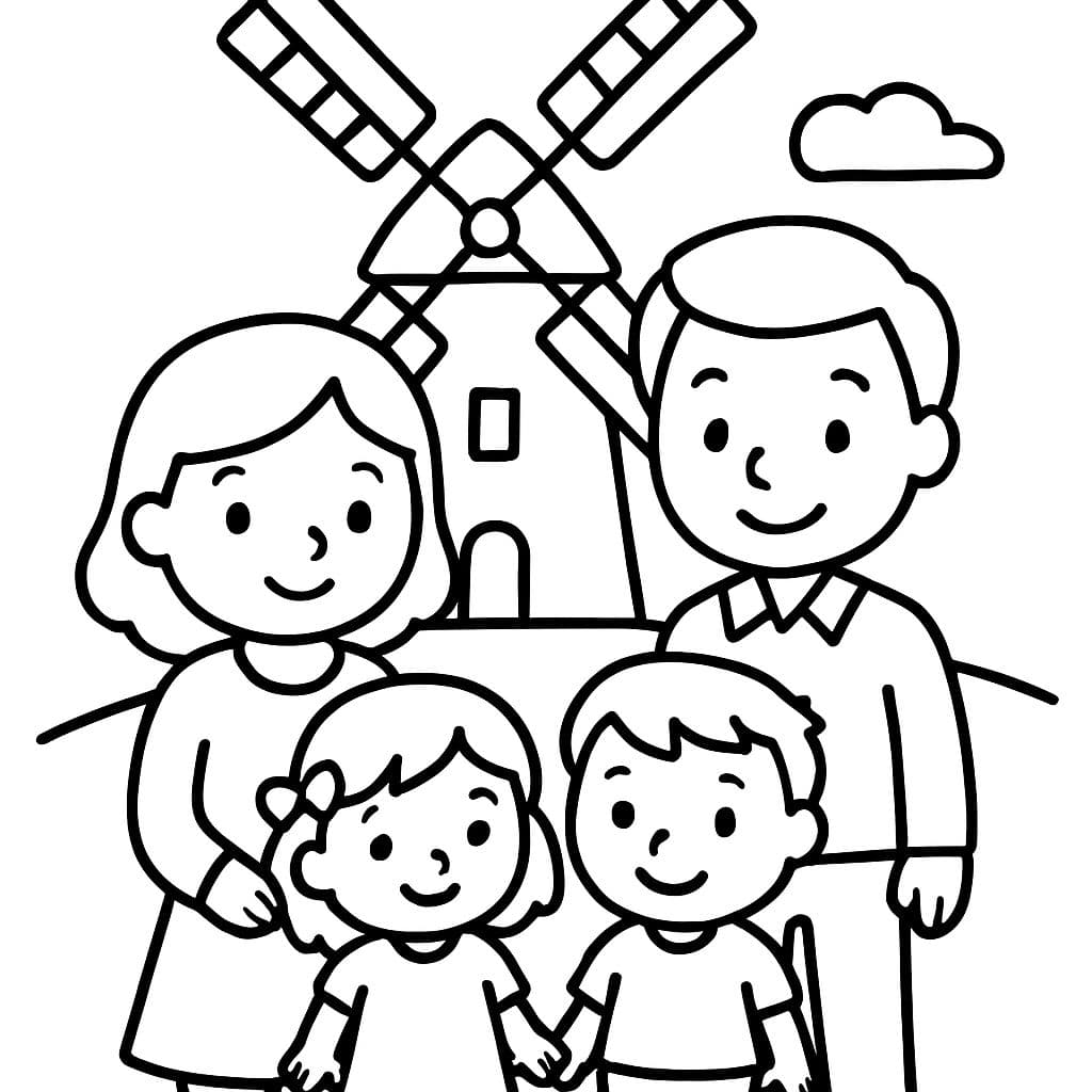 Uma família em frente a um moinho de vento holandês com uma mamãe, um papai, uma menina pequena e um menininho.