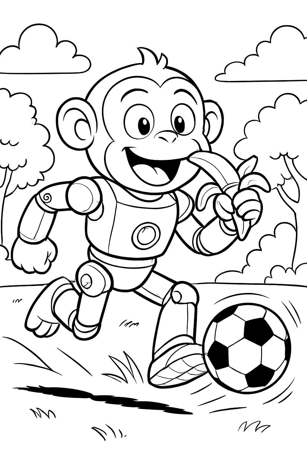 einen Affenroboter der Fussball spielt und Bananen isst