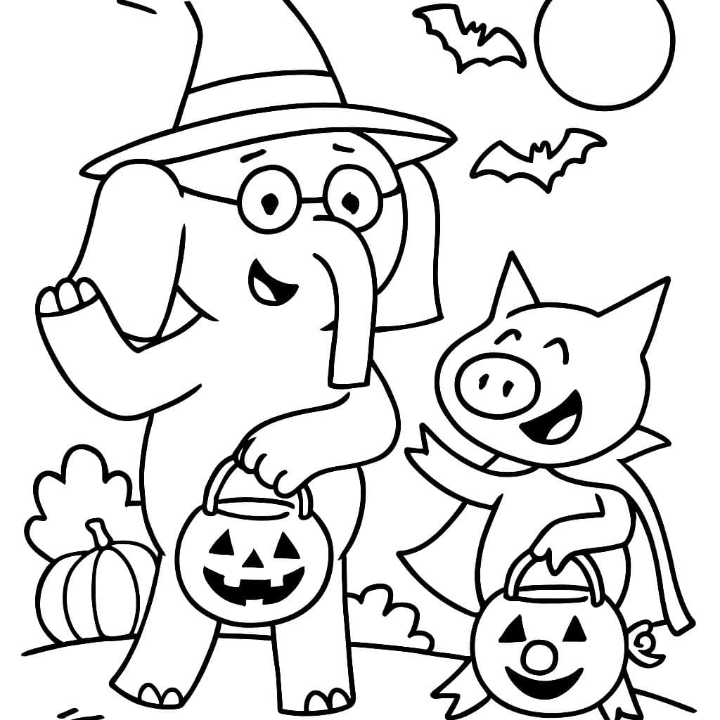 elefante y cerdito disfrutando de Halloween juntos