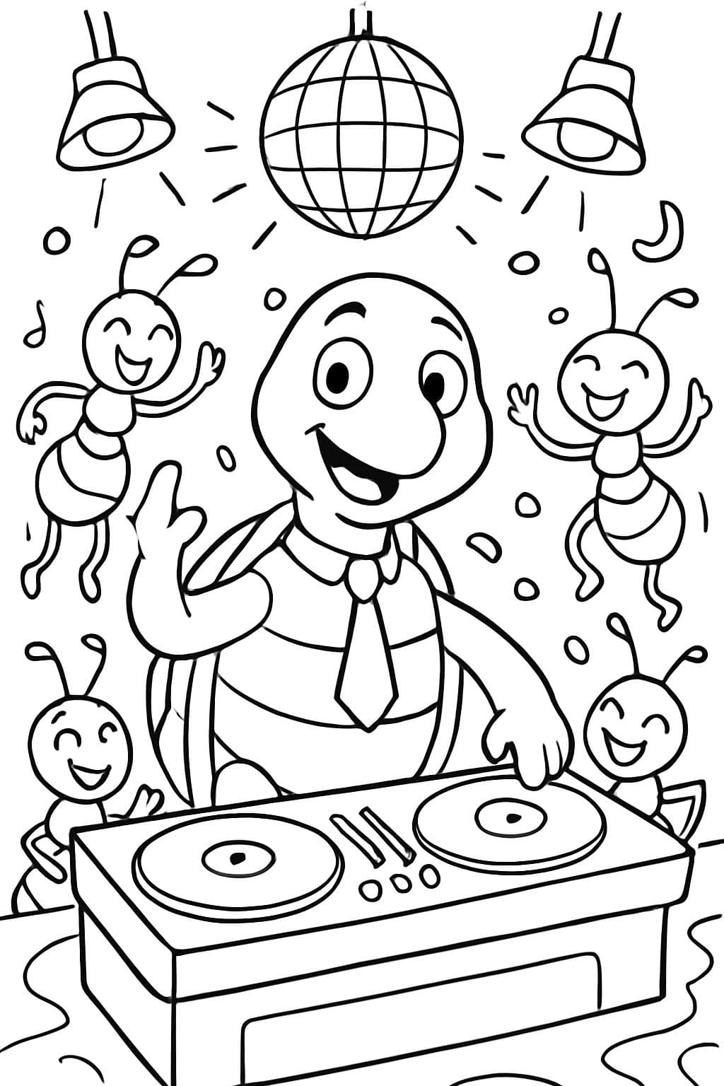 Una tortuga con una corbata que toca como DJ en un club lleno de hormigas bailando.