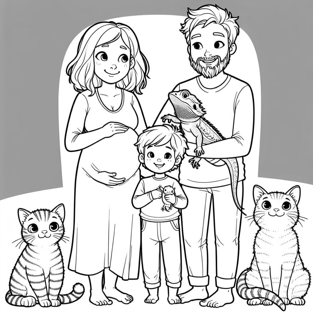 Una familia con una mamá embarazada, un papá y un niño pequeño. Tienen dos gatos con ellos, un gato tiene rayas y el otro tiene pelaje liso. El niño pequeño sostiene un dragón barbudo.