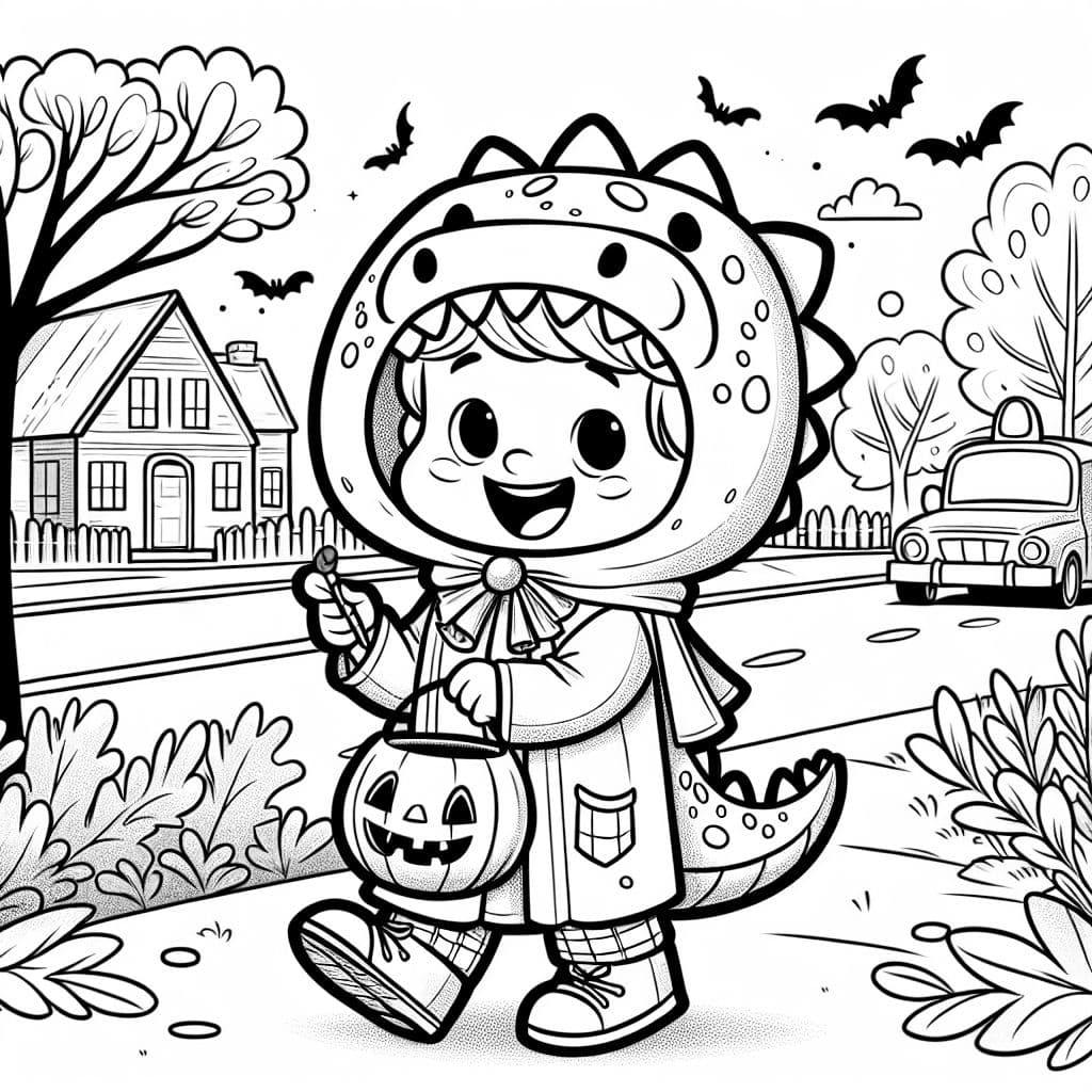 Bridget wearing a dinosaur costume while trick or treating at Halloween