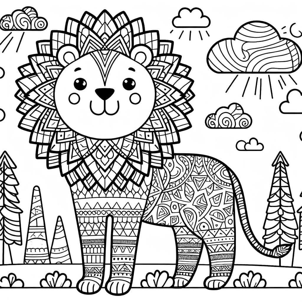 une page à colorier pour adultes d'un lion avec un motif géométrique