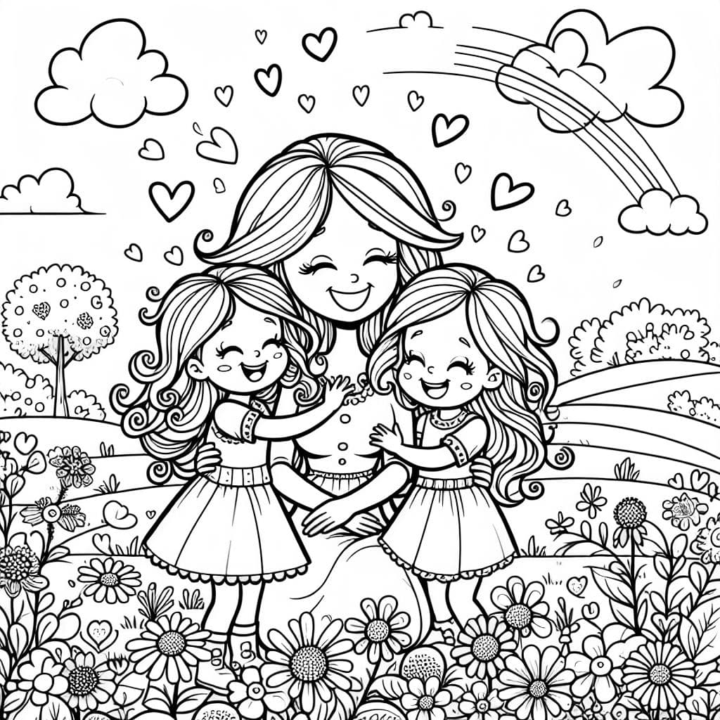 Una madre blanca sentada con dos hijas cerca de flores con corazones en el cielo.