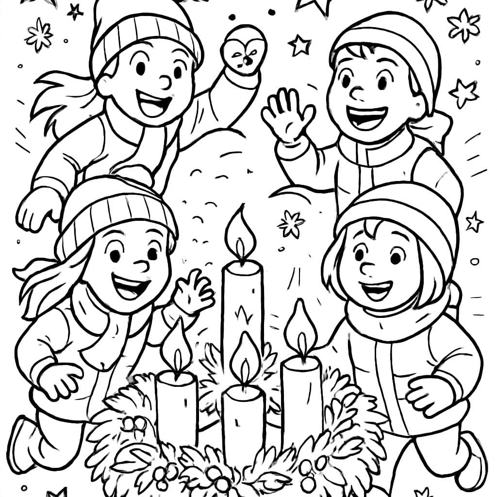Corona de Adviento 4 velas 4 niños con ropa de invierno fondo estrellas y copos de nieve