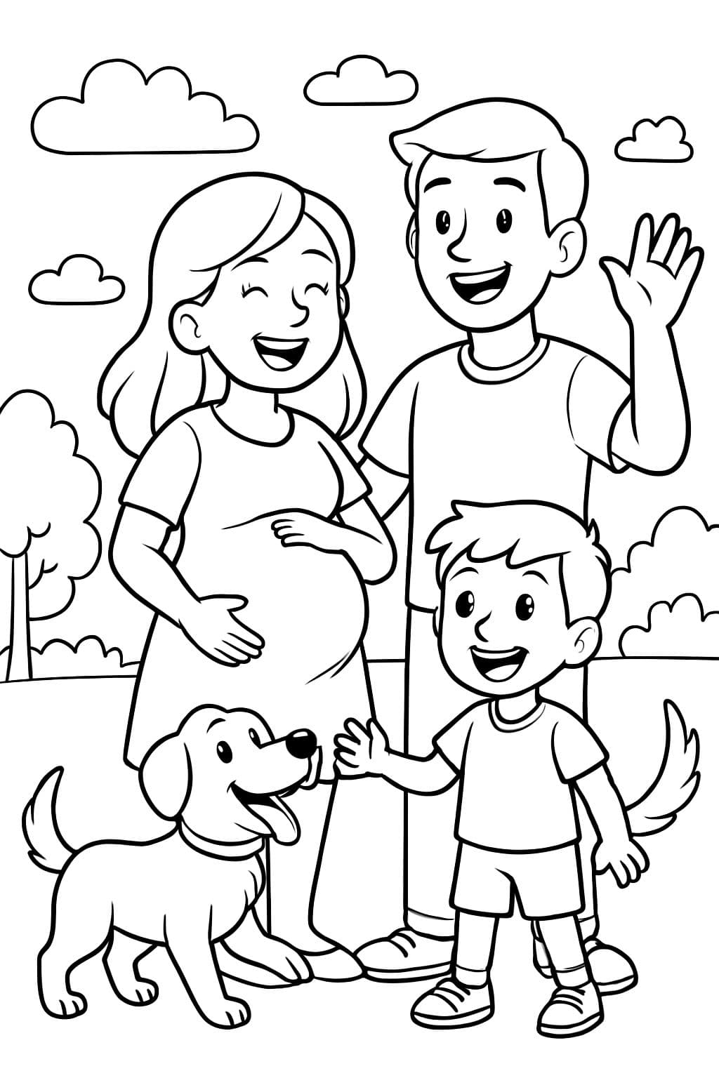 Mamá embarazada, papá, hijo de 6 años y perro cimarron