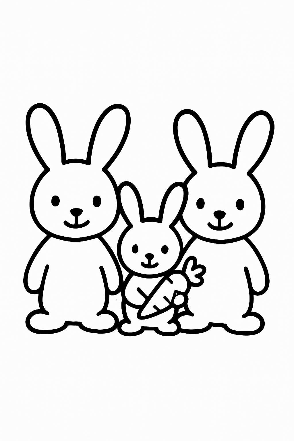 3 conejos, uno al lado del otro, formato horizontal, mamá, papá e hijo, el hijo tiene una zanahoria en la mano