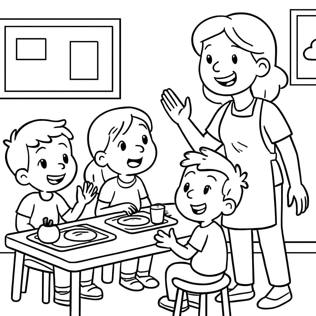 Crianças da escola conversando respeitosamente com a monitora e sentadas.