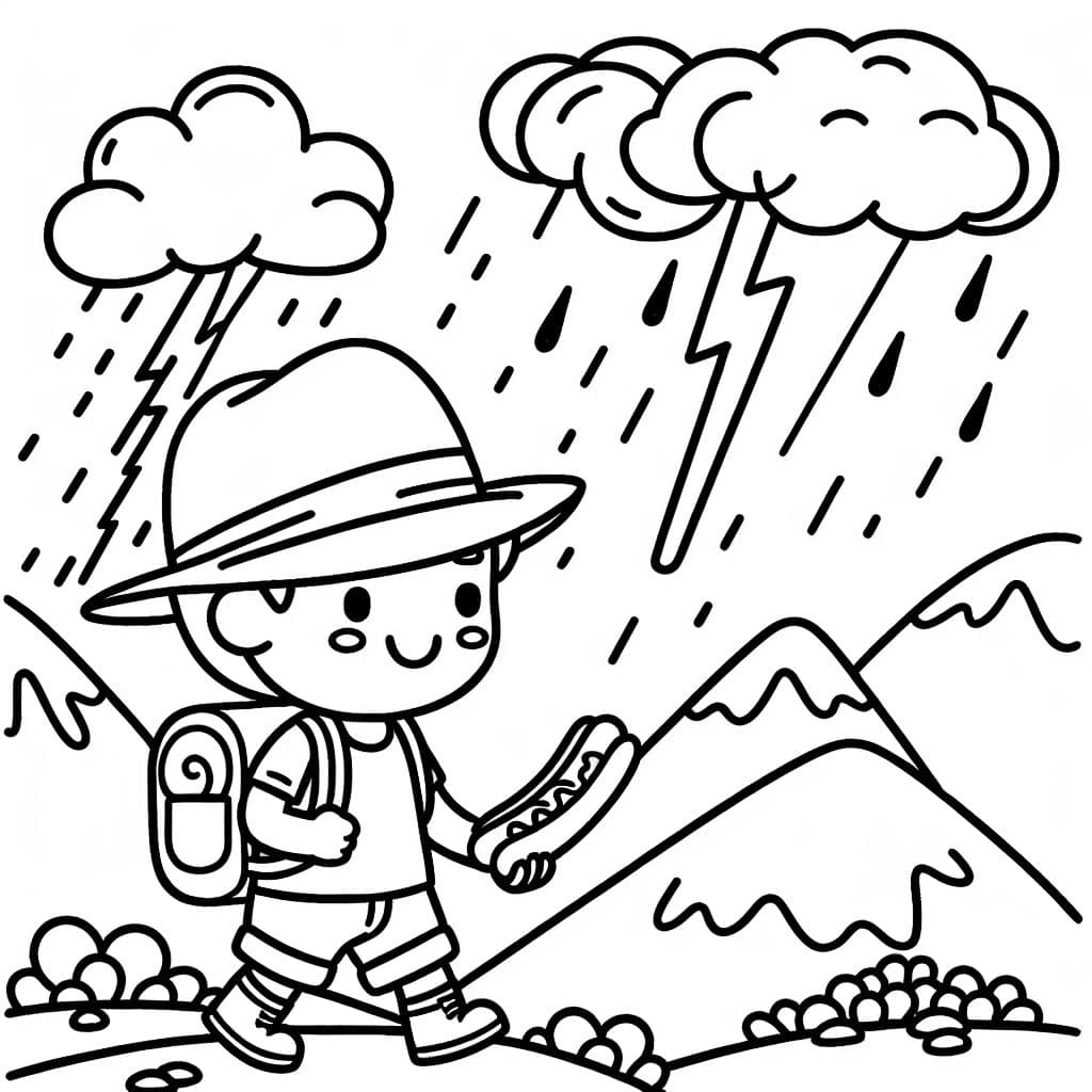 La présidente des enfants se promène sur des montagnes avec un chapeau de paille et un hot-dog sous un orage