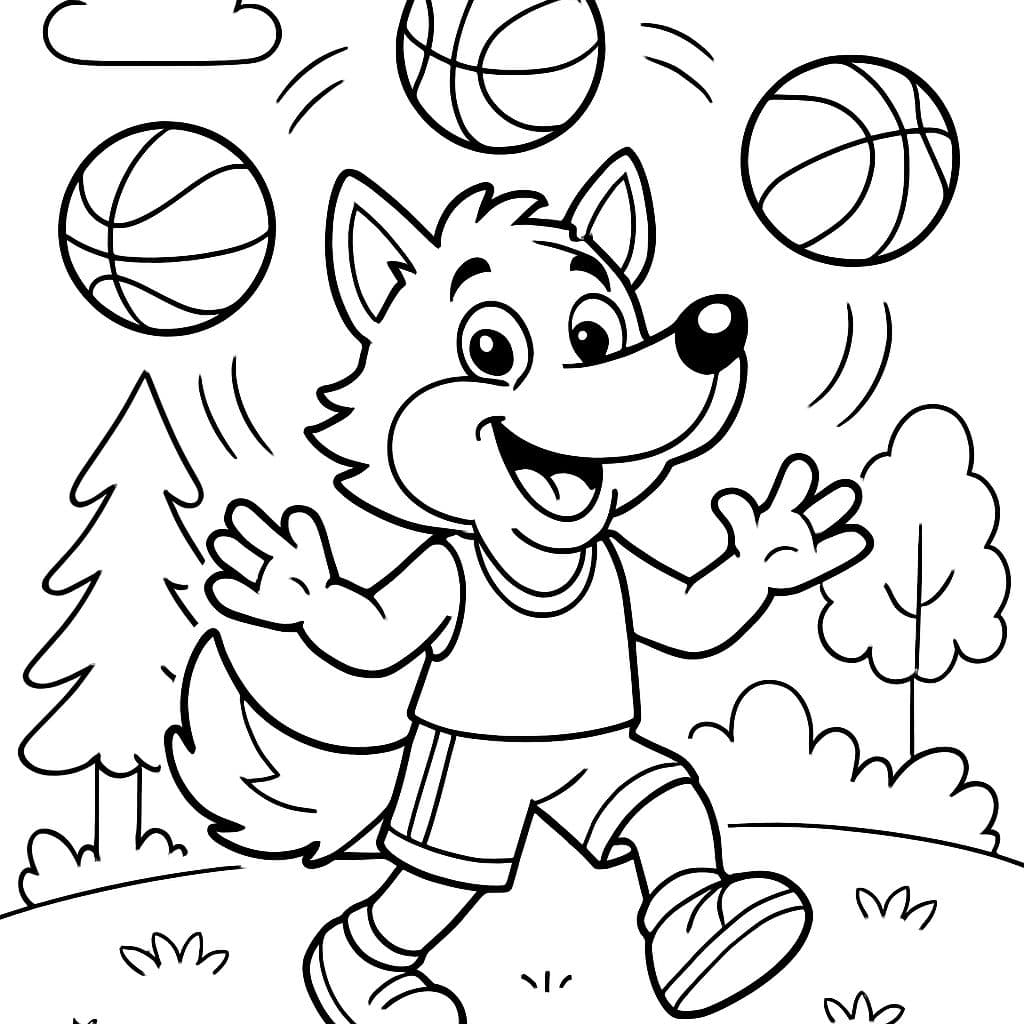 Lobo haciendo malabares con balones de baloncesto