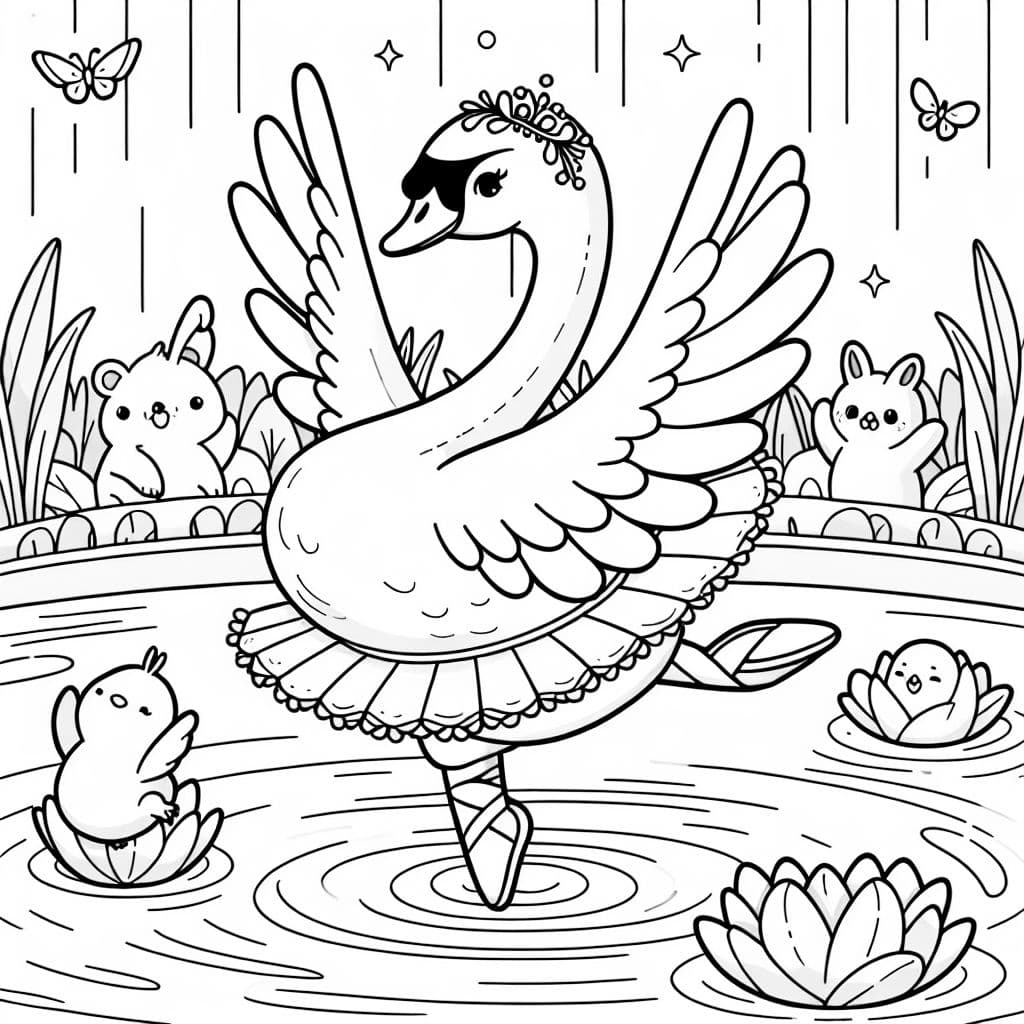 Un hermoso cisne bailarina realizando un elegante baile, perfecto para una página para colorear.