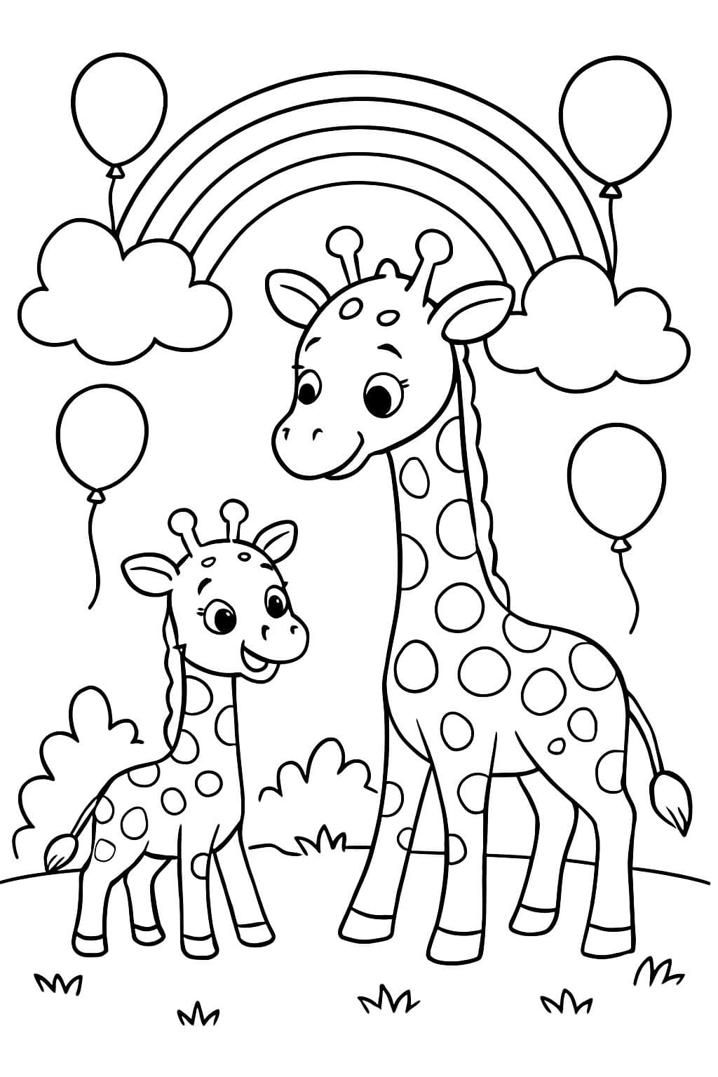 Bébé girafe avec maman à côté des buissons sous un arc-en-ciel et des nuages et des ballons