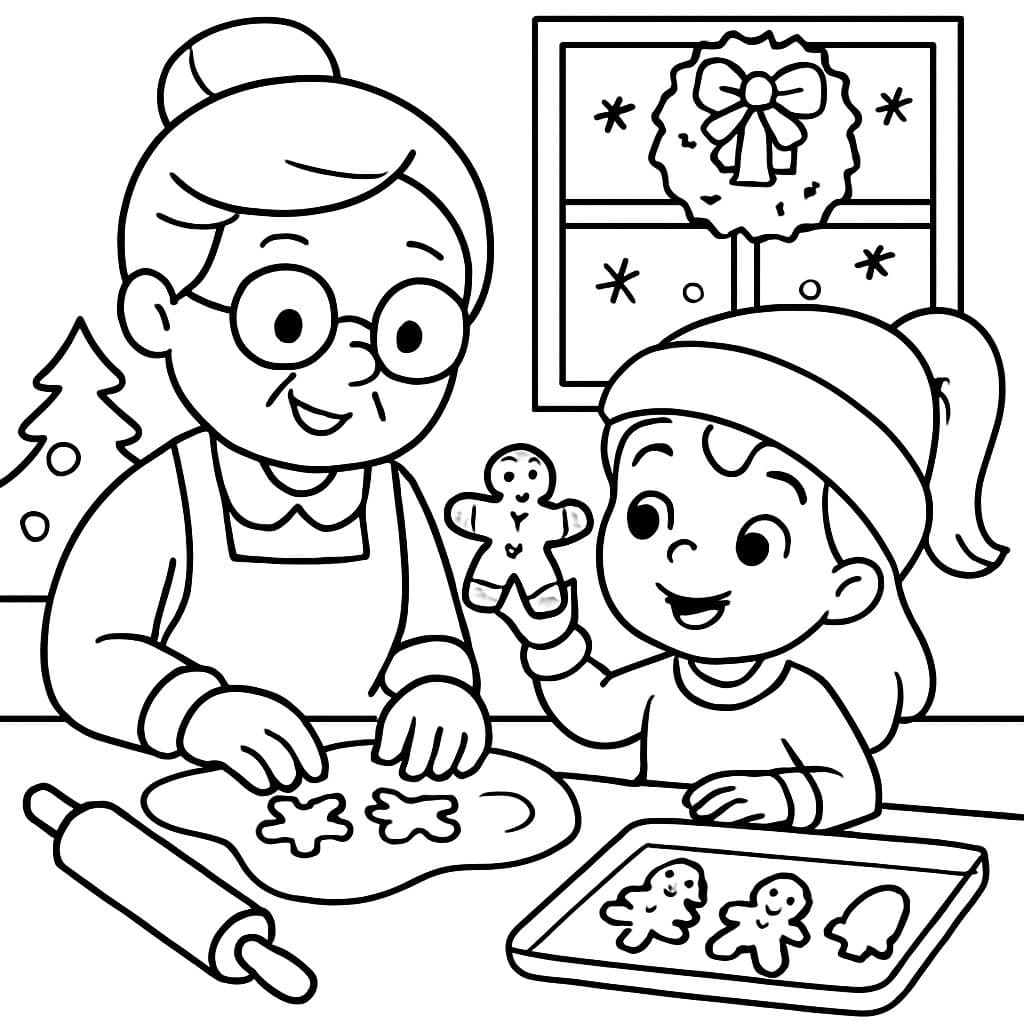 gentille grand-mère cuisinant des biscuits de Noël avec ses petits-enfants