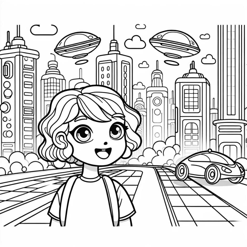 una chica con un corte de cabello bob ondulado en una escena de ciudad futurista