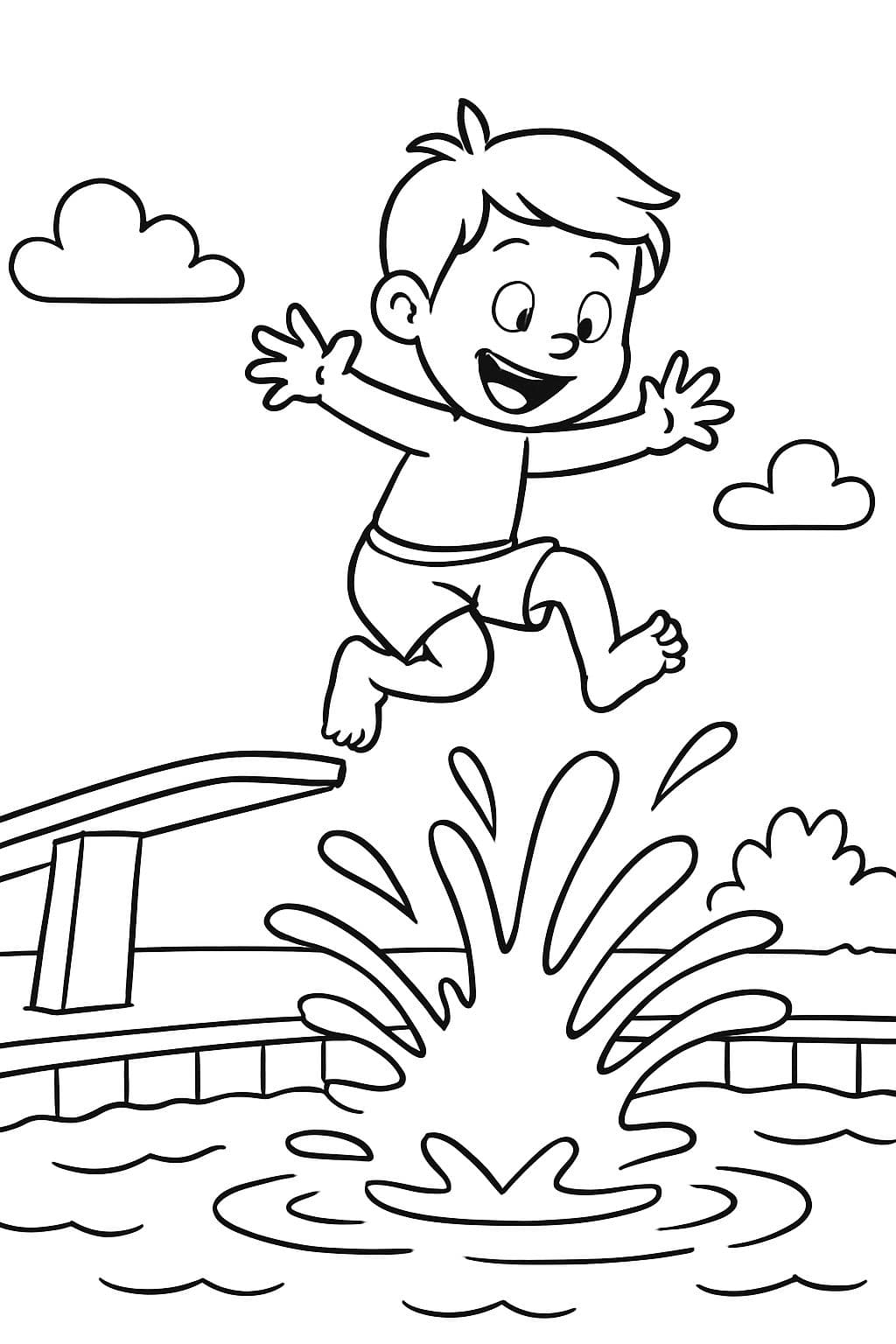 A little boy jumping into the water at the pool with a big splash from a long diving board