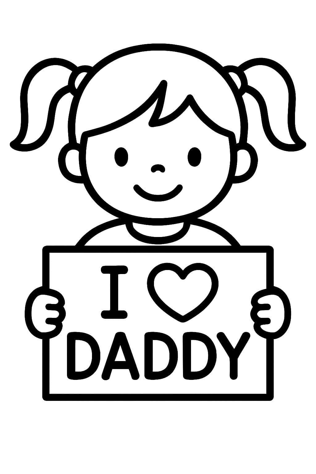 Une petite fille avec des couettes tenant une image sur laquelle il est écrit : J'aime papa.