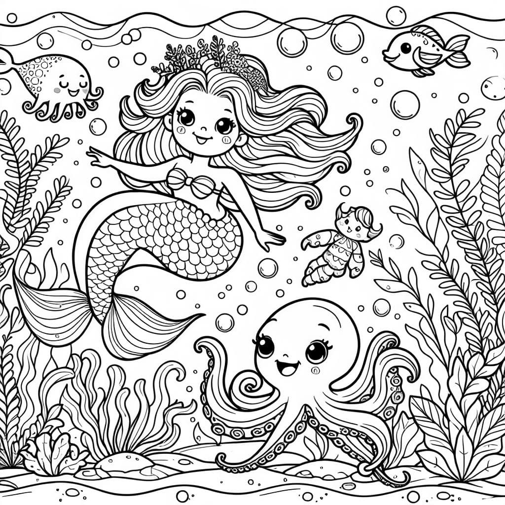 une mère sirène avec son bébé et un perroquet de compagnie