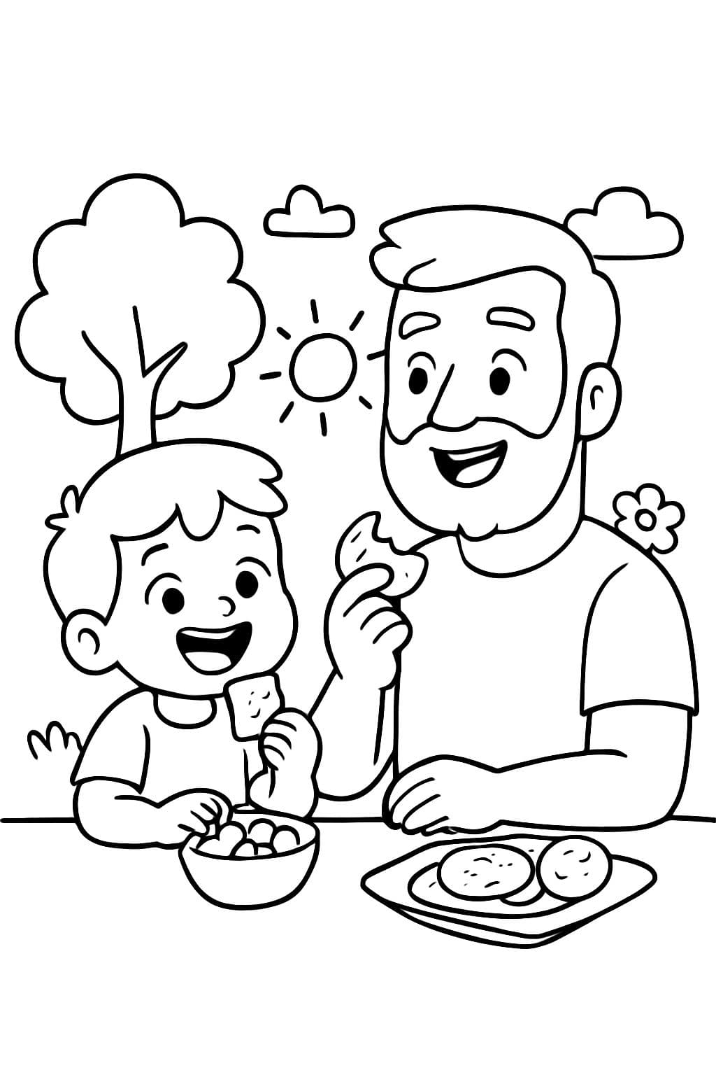 Niño de 3 años comiendo refrigerios con su padre barbudo de 37 años