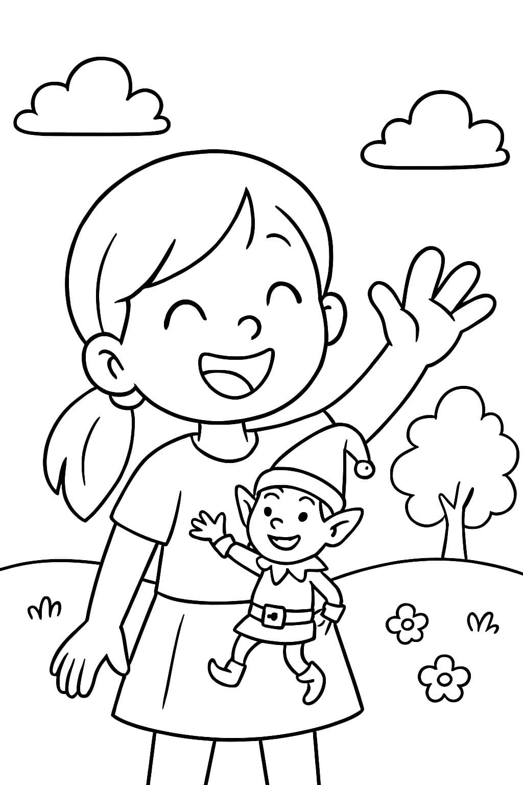 Mädchen mit Elf auf der Schulter, die Auf Wiedersehen sagt.