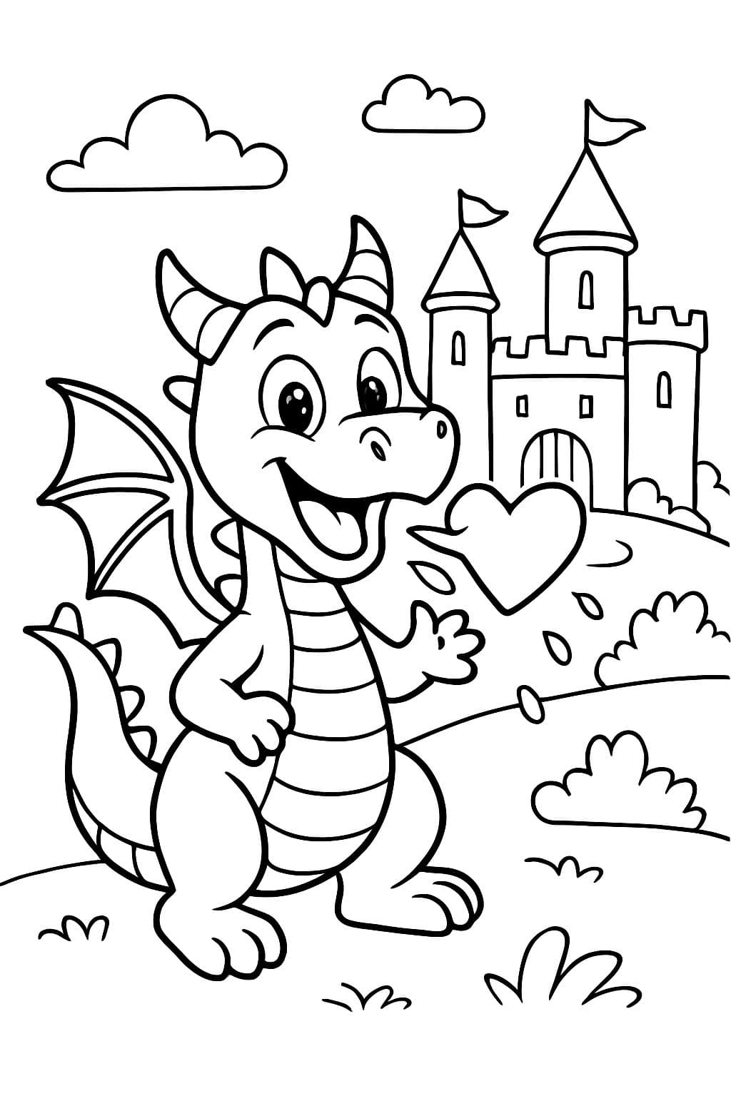 un dragón amigable escupiendo un corazón de fuego frente a un castillo