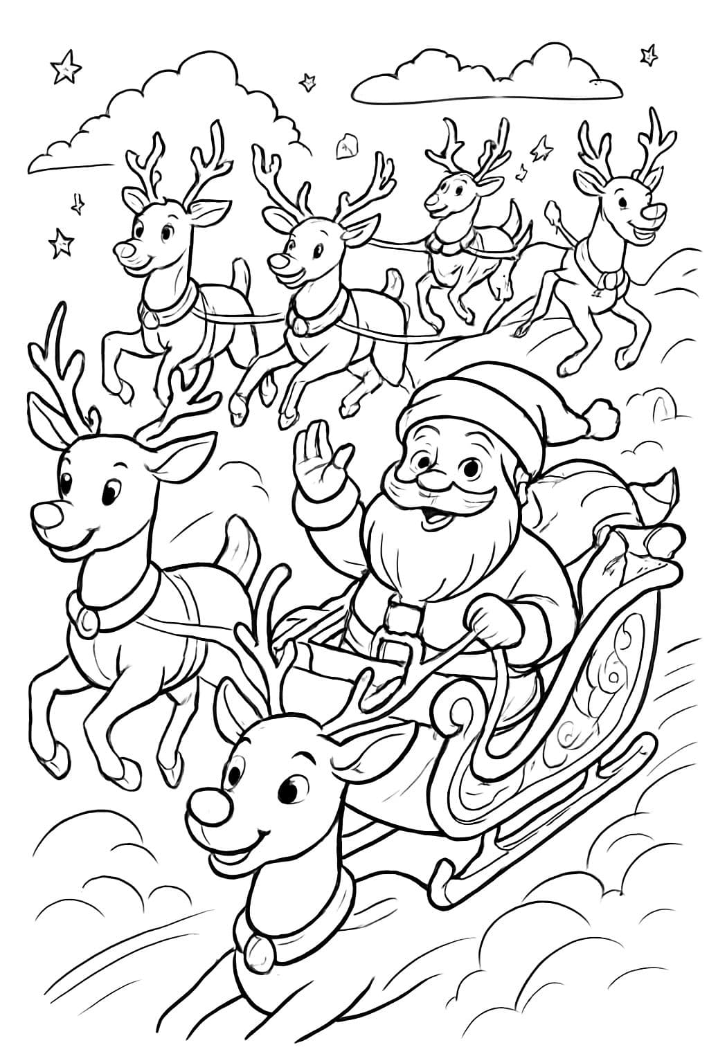 Santa in einem Schlitten mit Rudolph und all den anderen Rentieren