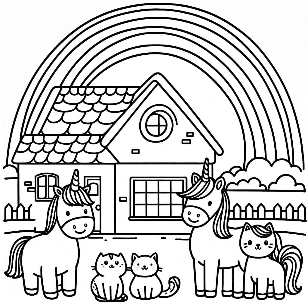 Un arc-en-ciel au-dessus d'une maison. Devant la maison se tiennent une licorne, un cheval, un chat licorne et un chat cheval.