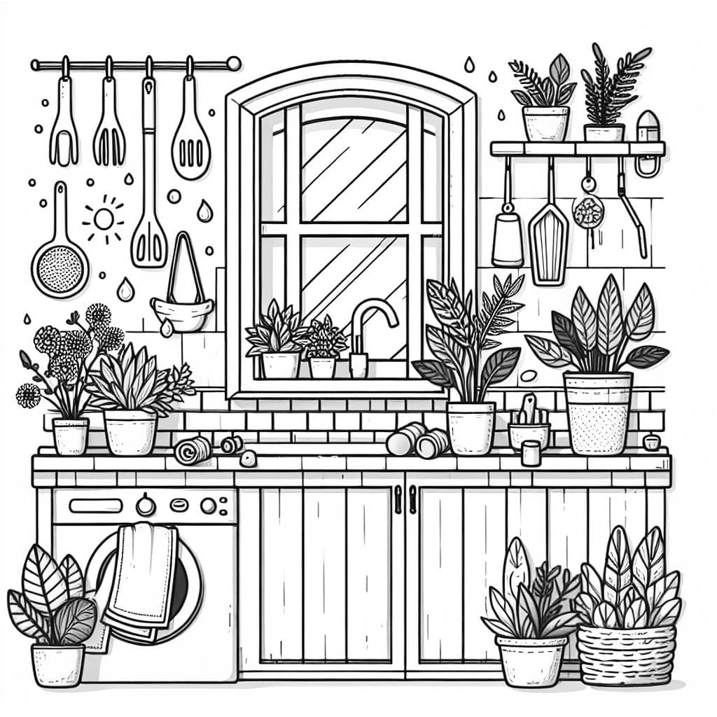 Pocas plantas y elementos decorativos alrededor de una ventana de cocina limpia