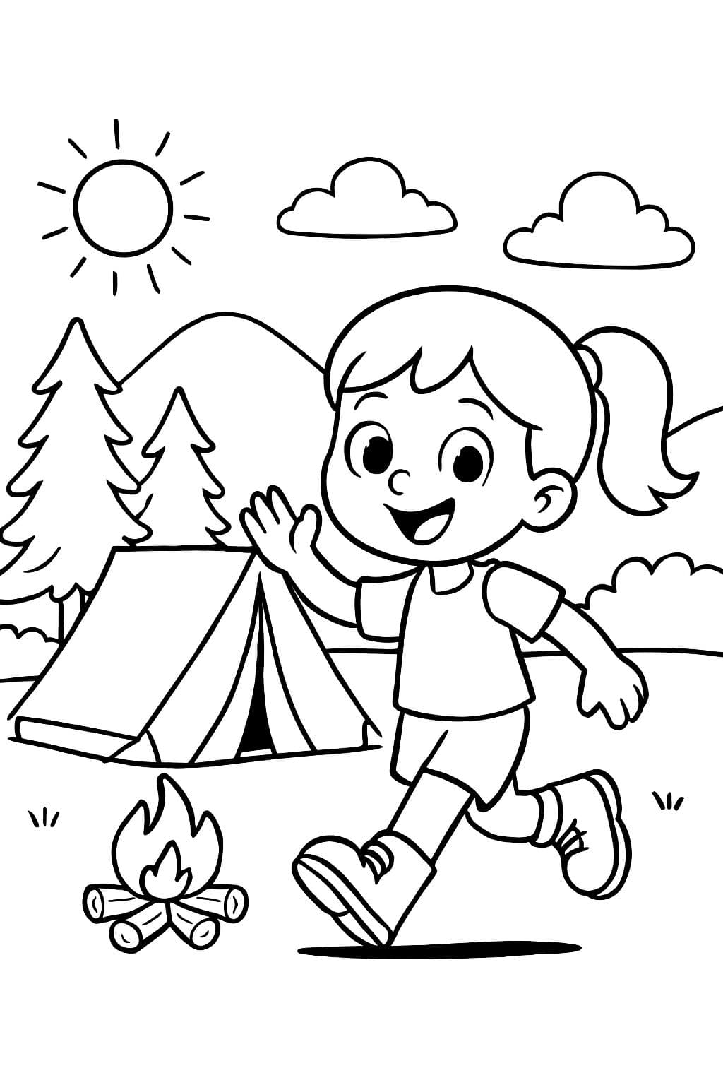 eine einfache Camping-Szene mit einem kleinen Mädchen