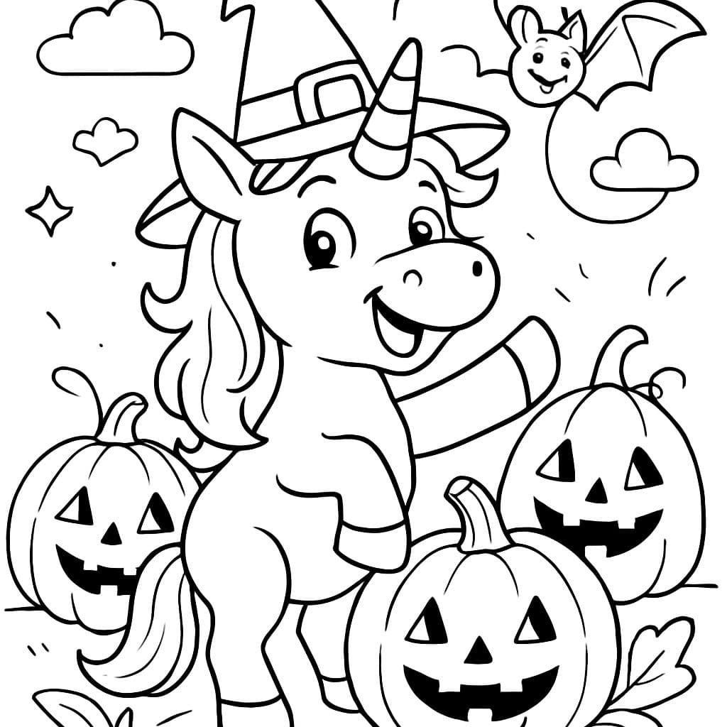 unicornio de halloween, calabazas y murciélago