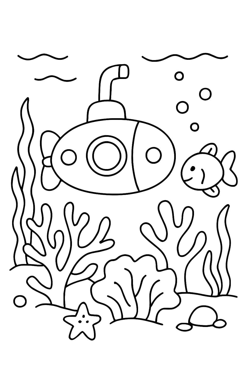 Eine unterwasserwelt mit Korallen, uboot und meerestierem