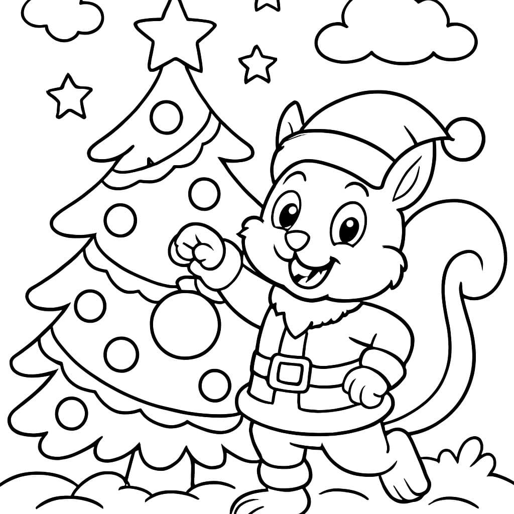 écureuil sur le sapin de Noël avec un costume de Saint Nicolas