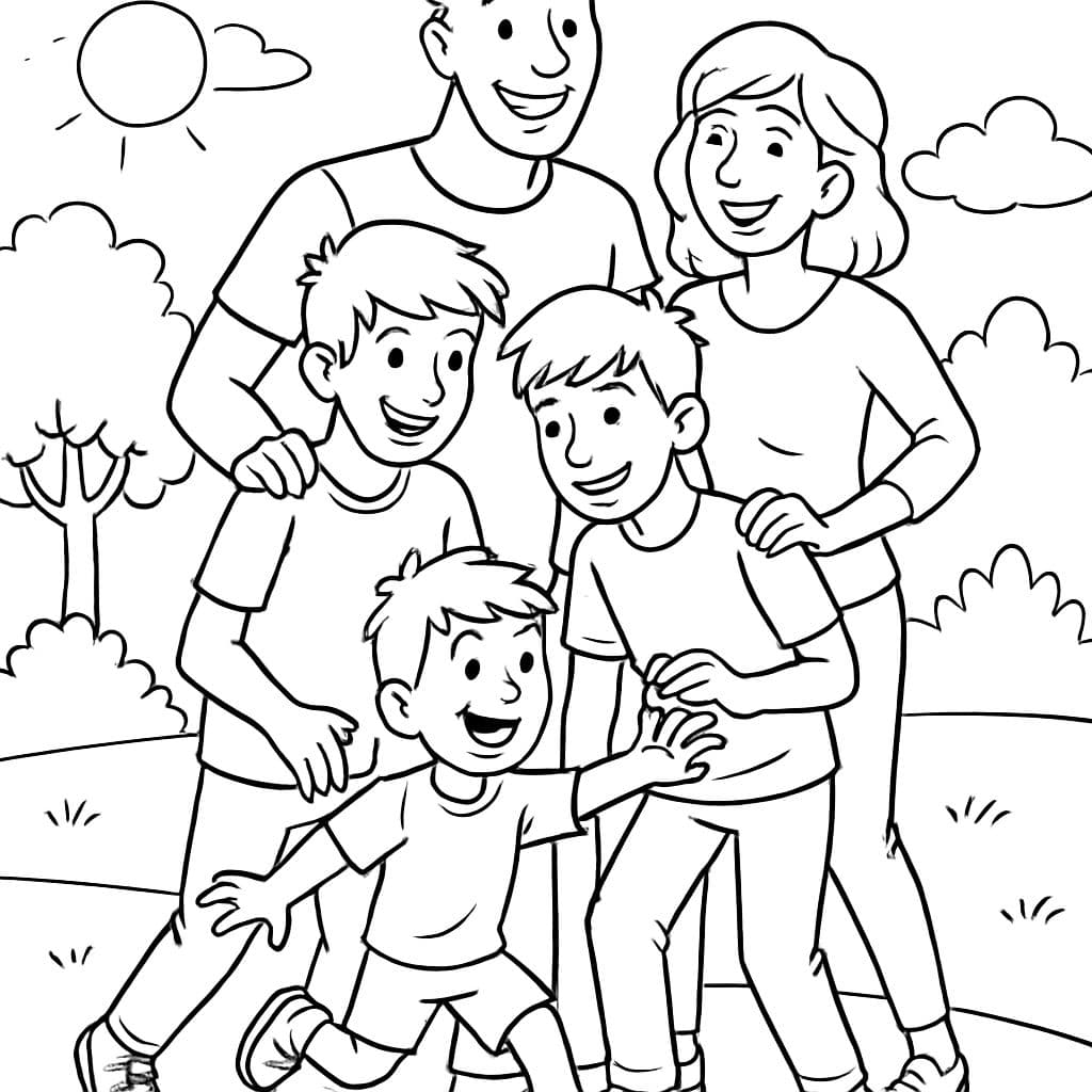 Image en ligne de la famille avec père, mère et trois fils (13, 10 et 6 ans). Le père a une coupe de cheveux très courte et est très grand.