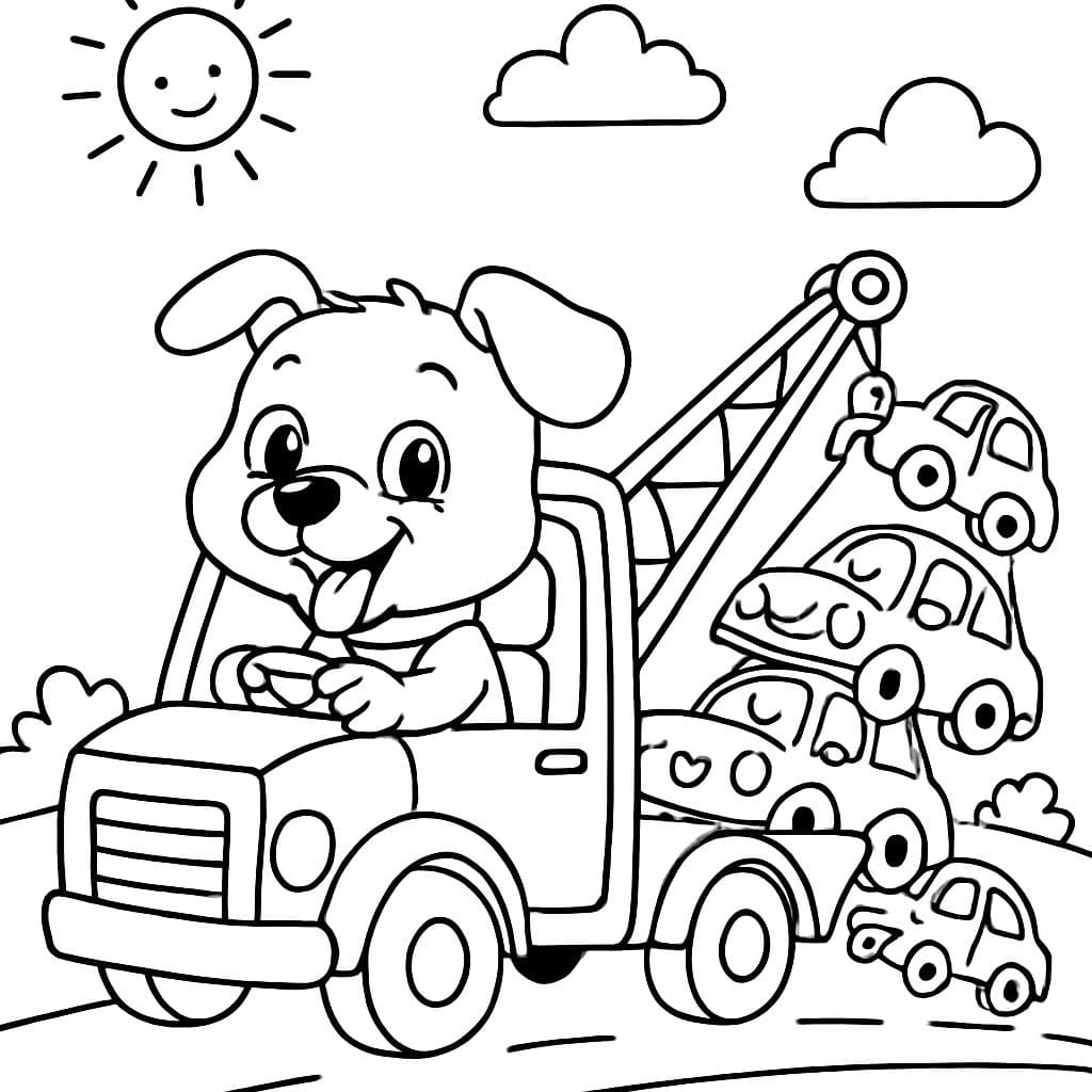 un chiot conduisant un camion de remorquage avec beaucoup de voitures en cours de remorquage