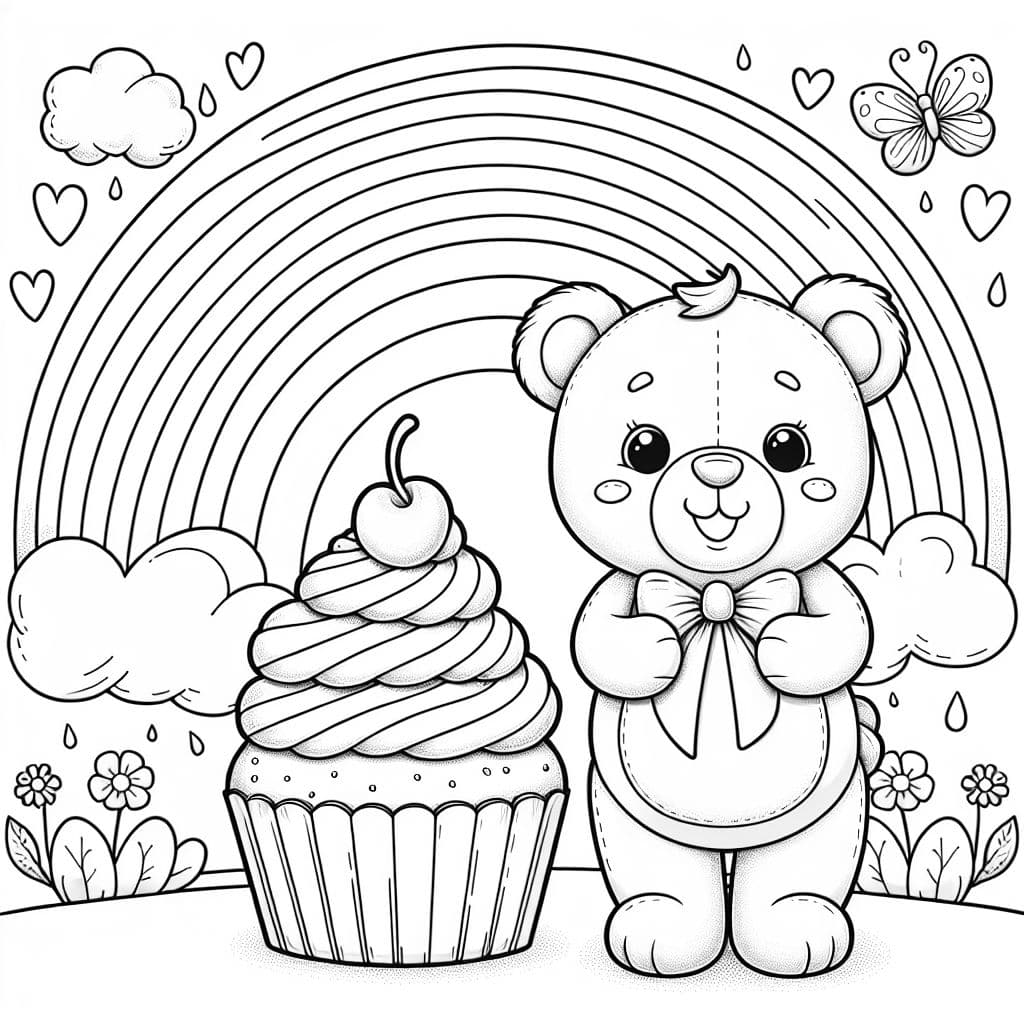 Un oso de peluche sosteniendo un cupcake con un arcoíris de fondo