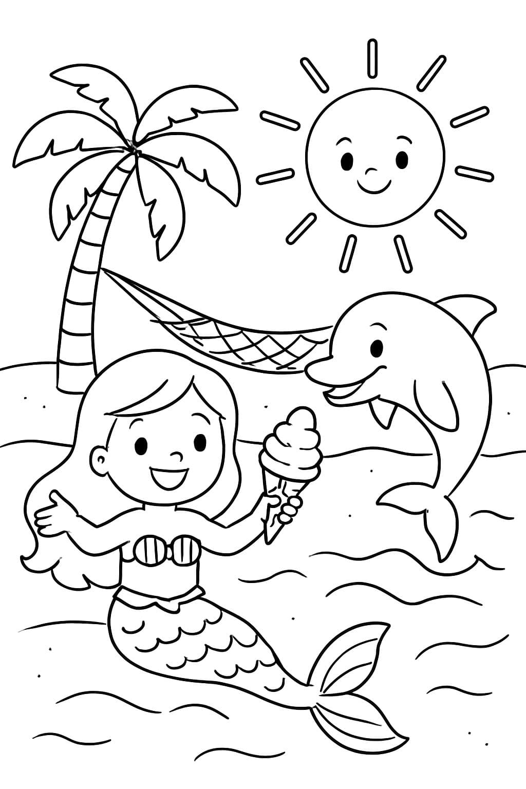 playa, sol plamera, helado, hamaca, sirena, delfin
