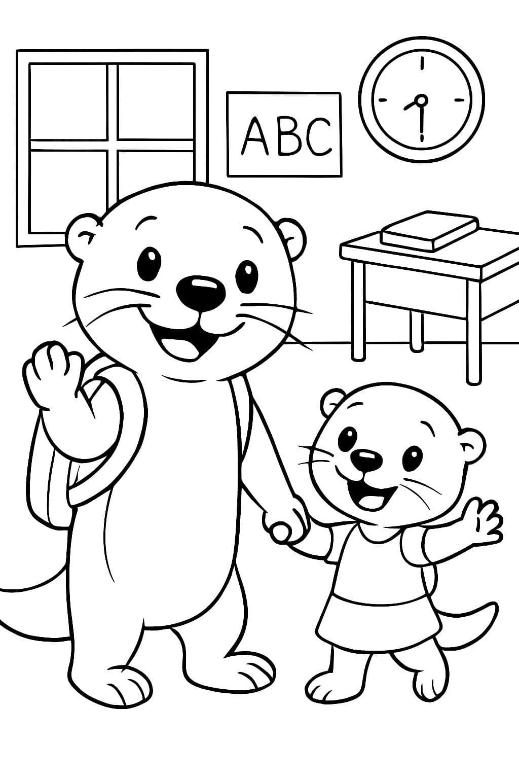 un grand enfant loutre tenant la main d'un petit à l'école