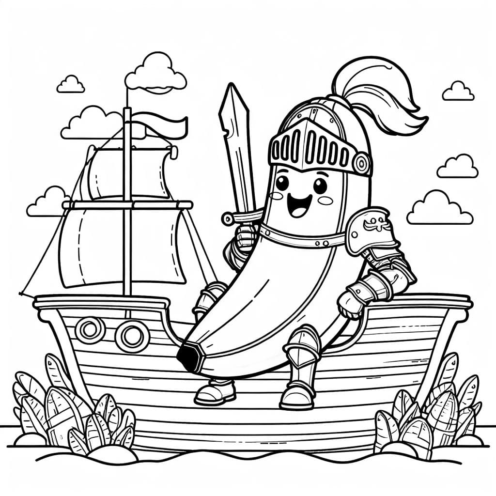 eine banane in ritterrüstung, die in einem piratenschiff sitzt