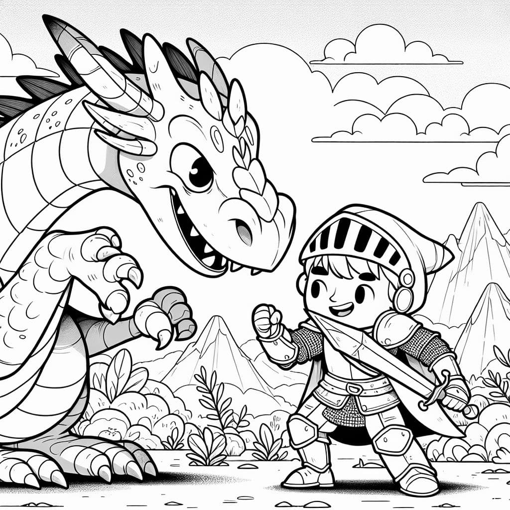 Un joven guerrero luchando contra un dragón gigante.